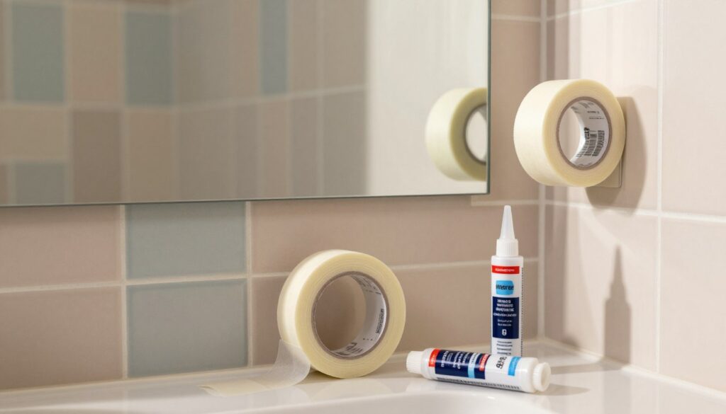 A modern bathroom scene featuring various mirror mounting methods without drilling, including strong adhesive tapes and reliable glues. In the foreground, showcase a close-up of high-quality adhesive options, such as double-sided tape and a tube of mirror glue, artistically arranged on a sleek countertop. The middle layer displays a beautifully mounted mirror reflecting stylish tiles in the background, demonstrating a finished installation. Use soft, natural lighting to create a warm, welcoming atmosphere, highlighting the glimmer of the mirror and the texture of the tiles. The background should include soft pastel-colored tiles and subtle shadows, enhancing the overall clean and organized feel of the bathroom space. The angle should offer a slightly elevated perspective to emphasize the mounting techniques and the aesthetic harmony of the elements. A modern bathroom scene featuring various mirror mounting methods without drilling, including strong adhesive tapes and reliable glues. In the foreground, showcase a close-up of high-quality adhesive options, such as double-sided tape and a tube of mirror glue, artistically arranged on a sleek countertop. The middle layer displays a beautifully mounted mirror reflecting stylish tiles in the background, demonstrating a finished installation. Use soft, natural lighting to create a warm, welcoming atmosphere, highlighting the glimmer of the mirror and the texture of the tiles. The background should include soft pastel-colored tiles and subtle shadows, enhancing the overall clean and organized feel of the bathroom space. The angle should offer a slightly elevated perspective to emphasize the mounting techniques and the aesthetic harmony of the elements.