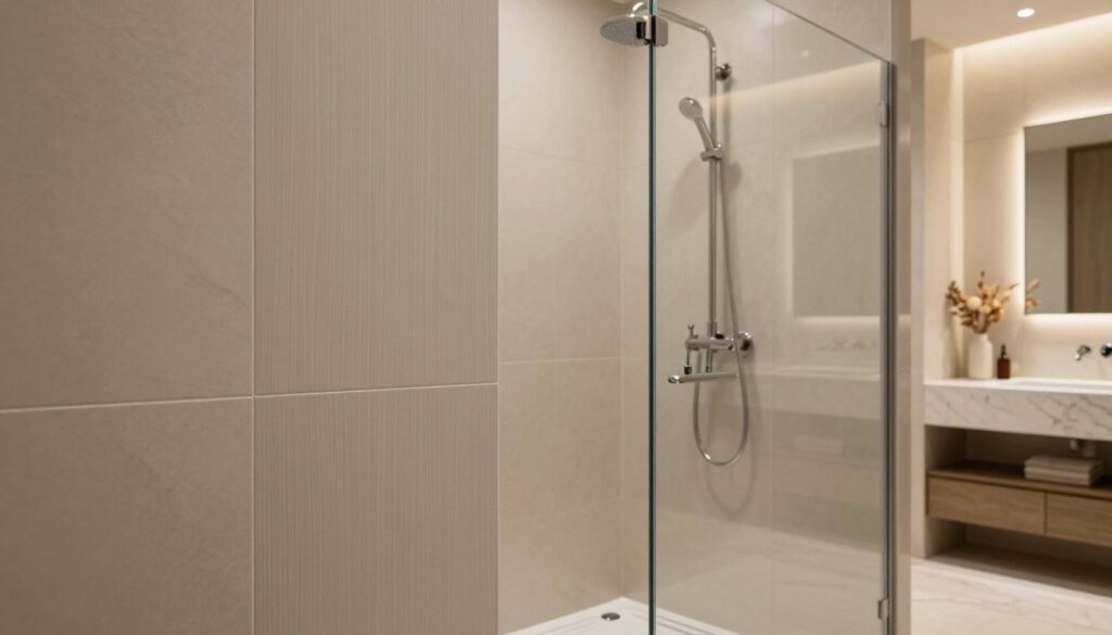 A modern bathroom scene featuring waterproof wall panels designed for shower areas, showcasing a variety of textures and patterns. In the foreground, focus on elegantly arranged panels with sleek finishes, highlighting a smooth, seamless look without grout lines. The middle section includes a beautifully designed shower with chrome fixtures and soft diffused lighting that enhances the reflections on the panels. In the background, a stylish vanity with minimalistic decor and natural stone accents complements the contemporary aesthetic. The lighting is warm and inviting, creating a tranquil atmosphere ideal for relaxation. Capture the image from a slightly elevated angle to emphasize the spaciousness of the bathroom, ensuring no people are present.