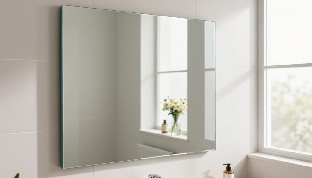 A modern bathroom scene showcasing elegant moisture-resistant mirror frames. In the foreground, a stylish rectangular mirror with a sleek, minimalist design, reflecting soft natural light. The frame is made of a premium, waterproof material, perhaps in a soft matte finish or polished metallic sheen. In the middle ground, a small, well-arranged vanity with a single vase of fresh flowers and subtle decorative items. The background features light-colored tiles, enhancing the feeling of spaciousness, and a frosted glass window allowing gentle sunlight to filter in, creating a serene and inviting atmosphere. The overall mood is fresh, bright, and organized, ideal for small bathrooms seeking to maximize light and space.