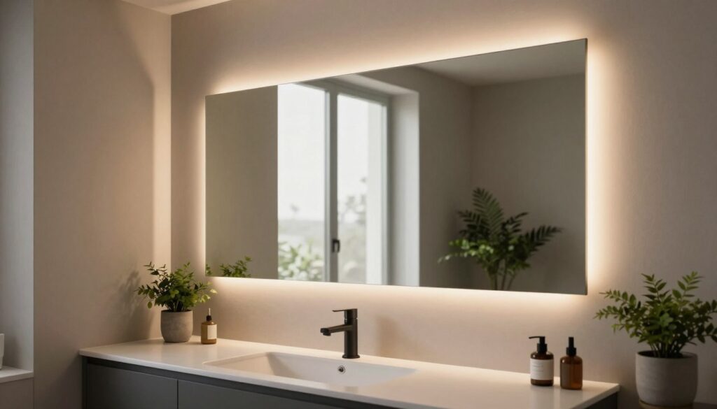 A modern bathroom setting featuring a sleek, large mirror with a reflective front surface. The mirror is illuminated by soft, warm LED lights around its edges, creating a cozy atmosphere. In the foreground, a stylish sink vanity with a contemporary design complements the spaciousness of the area. Potted plants are subtly arranged to add a touch of greenery, enhancing the serene feeling of the room. The image showcases a well-organized space with natural light filtering through a window, casting gentle shadows. The angle highlights the mirror's ability to visually enlarge the bathroom, while the overall color scheme consists of muted earth tones with clean lines, promoting tranquility and elegance. A modern bathroom setting featuring a sleek, large mirror with a reflective front surface. The mirror is illuminated by soft, warm LED lights around its edges, creating a cozy atmosphere. In the foreground, a stylish sink vanity with a contemporary design complements the spaciousness of the area. Potted plants are subtly arranged to add a touch of greenery, enhancing the serene feeling of the room. The image showcases a well-organized space with natural light filtering through a window, casting gentle shadows. The angle highlights the mirror's ability to visually enlarge the bathroom, while the overall color scheme consists of muted earth tones with clean lines, promoting tranquility and elegance.