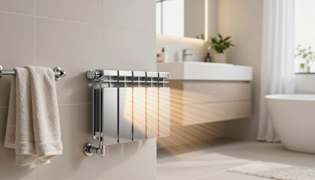 A modern bathroom showcasing a stylish bathroom radiator, prominently placed against a tiled wall. The radiator has a sleek, polished chrome finish, radiating warmth with visible heat lines. In the foreground, a few cozy towels hang neatly on a rack, inviting a sense of comfort. The middle ground features a minimalist bathroom design, with a contemporary sink and a large mirror reflecting soft, ambient lighting. In the background, subtle decor elements like a potted plant and a shower curtain add to the overall tranquility of the space. The setting is bright and inviting, evoking a feeling of warmth and relaxation, perfect for illustrating the various types of bathroom radiators and their benefits in modern apartments.
