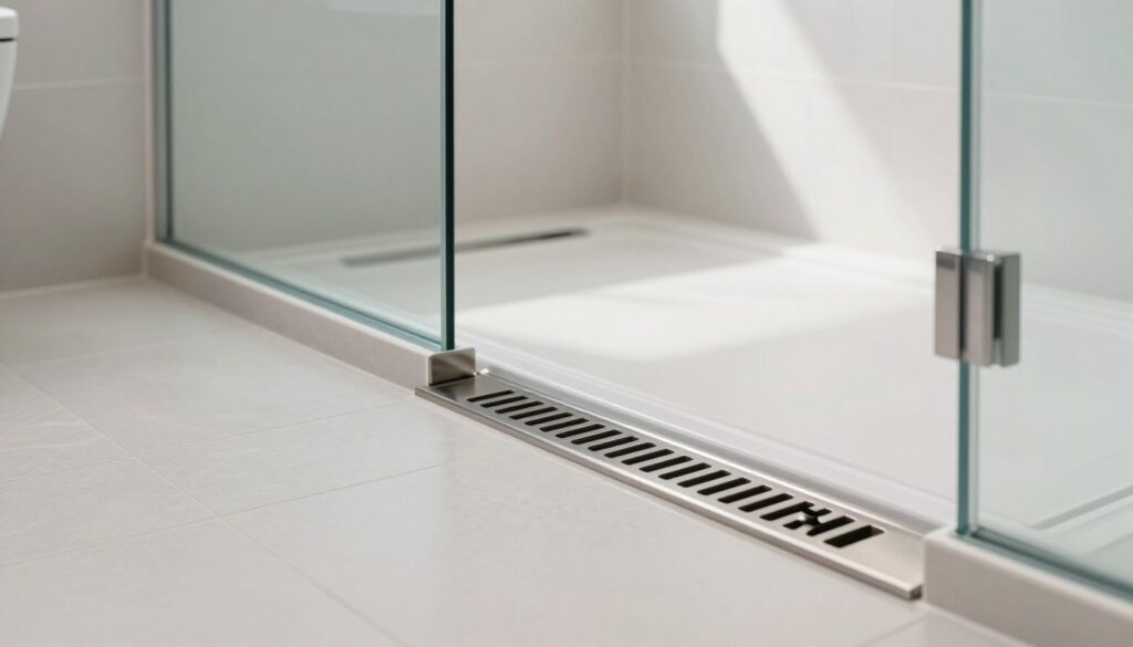 A modern bathroom showcasing a stylish walk-in linear drain elegantly integrated into a sleek glass shower enclosure. In the foreground, the linear drain is highlighted, featuring a brushed stainless steel finish that complements the surrounding minimalist tiles. The middle ground displays polished ceramic tiles with a subtle, captivating texture, arranged with a slight gradient slope leading to the linear drain for efficient water flow. In the background, soft, natural light filters through frosted glass, creating a serene and inviting atmosphere. The scene is photographed from a low angle to emphasize the design elements, with crisp focus on the drain and an overall bright color palette, embodying contemporary elegance and functionality in bathroom design. A modern bathroom showcasing a stylish walk-in linear drain elegantly integrated into a sleek glass shower enclosure. In the foreground, the linear drain is highlighted, featuring a brushed stainless steel finish that complements the surrounding minimalist tiles. The middle ground displays polished ceramic tiles with a subtle, captivating texture, arranged with a slight gradient slope leading to the linear drain for efficient water flow. In the background, soft, natural light filters through frosted glass, creating a serene and inviting atmosphere. The scene is photographed from a low angle to emphasize the design elements, with crisp focus on the drain and an overall bright color palette, embodying contemporary elegance and functionality in bathroom design.