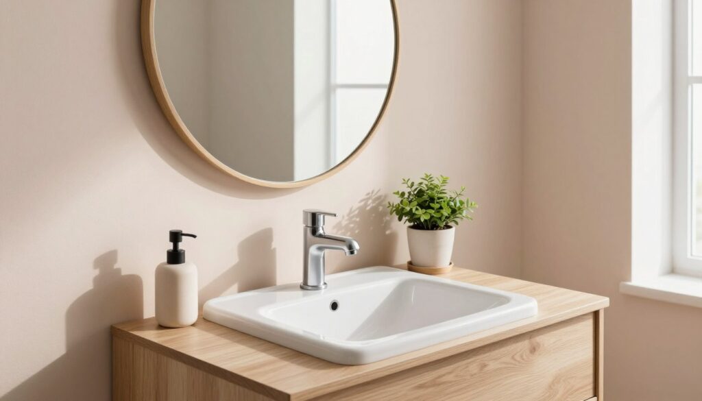 A modern bathroom sink area showcasing a well-organized and stylish "strefa umywalki." In the foreground, a sleek, white porcelain sink sits atop a minimalist wood vanity with subtle texture. A beautifully framed, large round mirror hangs directly above the sink, reflecting ambient light. The middle ground features carefully selected decorative elements, like a potted plant and a stylish soap dispenser, enhancing the airy feel. In the background, soft pastel wall colors create a calming atmosphere. Natural light filters in from a nearby window, casting gentle shadows and highlighting the clean lines of the space. The overall mood is tranquil and inviting, emphasizing simplicity and practicality in design. No human subjects present to ensure clarity and focus on the vanity area. A modern bathroom sink area showcasing a well-organized and stylish "strefa umywalki." In the foreground, a sleek, white porcelain sink sits atop a minimalist wood vanity with subtle texture. A beautifully framed, large round mirror hangs directly above the sink, reflecting ambient light. The middle ground features carefully selected decorative elements, like a potted plant and a stylish soap dispenser, enhancing the airy feel. In the background, soft pastel wall colors create a calming atmosphere. Natural light filters in from a nearby window, casting gentle shadows and highlighting the clean lines of the space. The overall mood is tranquil and inviting, emphasizing simplicity and practicality in design. No human subjects present to ensure clarity and focus on the vanity area.