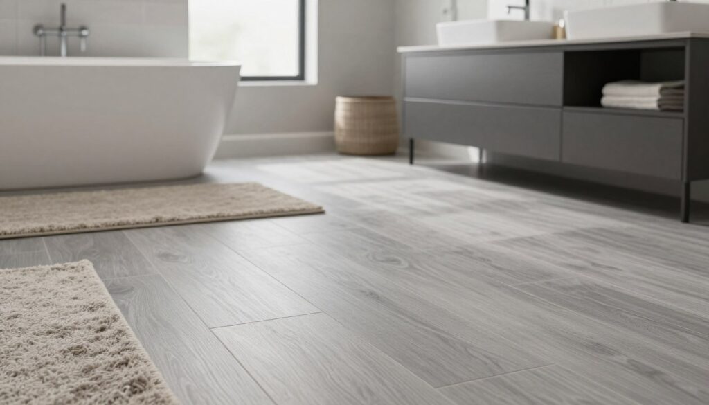 A modern bathroom with a focus on a beautifully renovated floor using vinyl panels and plush carpeting, reflecting the transformative changes possible without removing tiles. In the foreground, showcase a section of the floor featuring a mix of elegant grey vinyl planks, seamlessly interspersed with a soft, neutral-toned area rug. In the middle ground, display stylish bathroom fixtures like a sleek bathtub and contemporary sink, enhanced by natural lighting filtering through a frosted window. The background should gently blur into soft colors, emphasizing a clean, refreshing atmosphere. The overall mood is inviting and sophisticated, conveying a sense of comfort and modernity. The angle should be slightly elevated, capturing the entire flooring area with an emphasis on texture and detail.