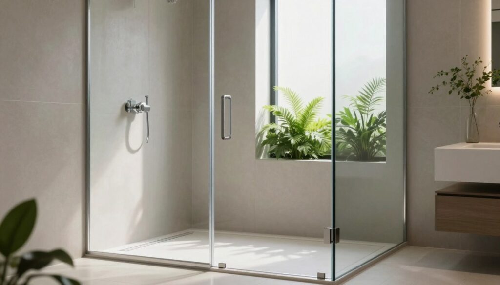 A modern bathroom with a walk-in shower featuring a sleek glass partition. In the foreground, the glass wall reflects soft, diffused light, creating an elegant feel. The shower area is designed without a shower tray, showcasing the seamless transition between the tiled floor and the drainage system. The middle area focuses on the high-quality glass door, which elegantly swings open, highlighting its minimalistic design. Natural light streams through a frosted window in the background, adding a serene ambiance. The walls are adorned with neutral tiles, and lush green plants add a touch of freshness. The overall atmosphere conveys luxury and tranquility, perfect for a contemporary bathroom setting.