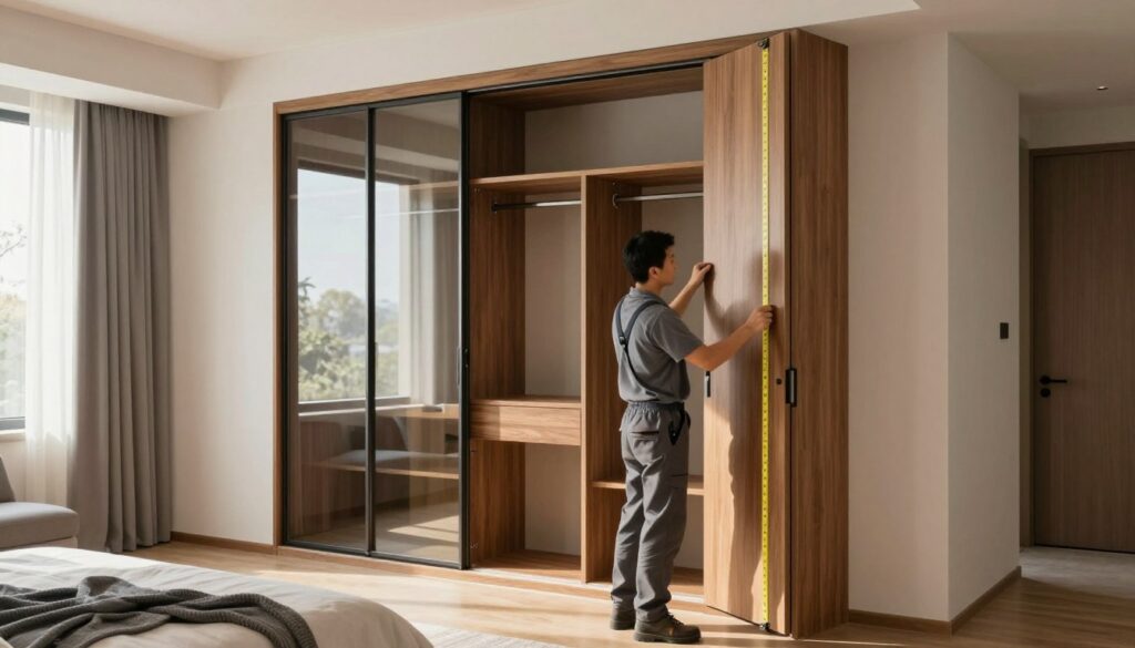 A modern interior design scene showcasing the assembly of a sliding wardrobe in a spacious bedroom. In the foreground, a professional installer in smart casual attire is carefully measuring and fitting the wardrobe panels, emphasizing attention to detail. The middle ground features the partially assembled sliding wardrobe, reflecting a variety of sizes and styles, from sleek wood finishes to mirrored surfaces. The background is filled with soft, natural light streaming through a window, casting gentle shadows, enhancing the room's inviting atmosphere. The angles capture both the craftsmanship of the installation process and the contemporary aesthetic of the room. Overall, the image conveys a sense of professionalism and quality associated with wardrobe installation services. A modern interior design scene showcasing the assembly of a sliding wardrobe in a spacious bedroom. In the foreground, a professional installer in smart casual attire is carefully measuring and fitting the wardrobe panels, emphasizing attention to detail. The middle ground features the partially assembled sliding wardrobe, reflecting a variety of sizes and styles, from sleek wood finishes to mirrored surfaces. The background is filled with soft, natural light streaming through a window, casting gentle shadows, enhancing the room's inviting atmosphere. The angles capture both the craftsmanship of the installation process and the contemporary aesthetic of the room. Overall, the image conveys a sense of professionalism and quality associated with wardrobe installation services.