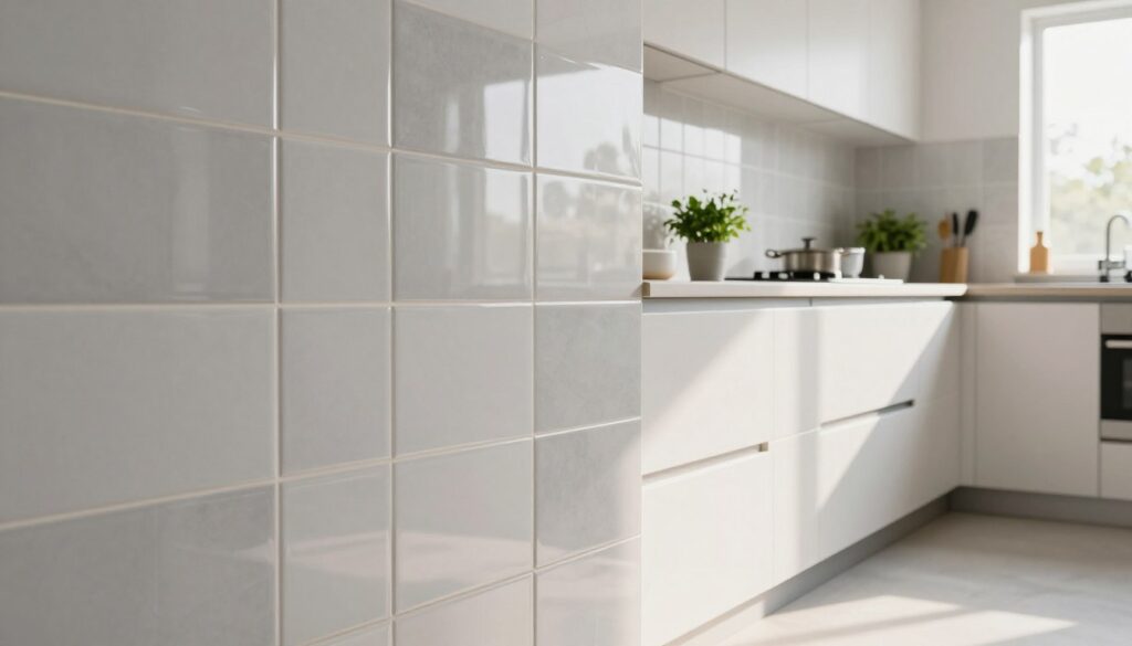 A modern kitchen featuring an array of stylish wall tiles ideal for easy cleaning. In the foreground, showcase sleek, glossy ceramic tiles in various shades of light gray and white, some featuring geometric patterns. In the middle, include a well-organized kitchen counter with a minimalist design, adding a few neatly arranged cooking utensils and potted herbs. The background should show a bright, airy kitchen with natural sunlight filtering through a window, illuminating the tiles and creating a warm, inviting atmosphere. Use soft lighting to enhance the clean lines and textures of the tiles. The perspective should be slightly angled to capture the depth of the space, emphasizing the practicality and elegance of wall tiles in a modern kitchen setting.