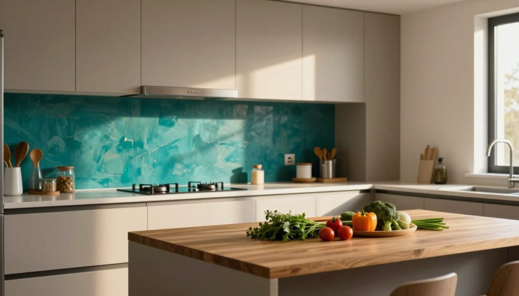 A modern kitchen scene featuring a vibrant painted backsplash above a sleek countertop. In the foreground, a minimalist wooden kitchen island displays fresh ingredients like herbs and vegetables. The backsplash is a striking mix of colors, perhaps a deep teal with subtle brush strokes, enhancing the contemporary feel. The middle ground showcases stylish kitchen cabinets, accentuated by warm, natural light streaming in from a nearby window, casting soft shadows that emphasize the design elements. The background includes kitchen appliances with a polished, stainless steel finish. The overall atmosphere is inviting and warm, reflecting a creative budgeting solution for kitchen design. The image is taken from a slight angle, showcasing depth and dimension in the layout. A modern kitchen scene featuring a vibrant painted backsplash above a sleek countertop. In the foreground, a minimalist wooden kitchen island displays fresh ingredients like herbs and vegetables. The backsplash is a striking mix of colors, perhaps a deep teal with subtle brush strokes, enhancing the contemporary feel. The middle ground showcases stylish kitchen cabinets, accentuated by warm, natural light streaming in from a nearby window, casting soft shadows that emphasize the design elements. The background includes kitchen appliances with a polished, stainless steel finish. The overall atmosphere is inviting and warm, reflecting a creative budgeting solution for kitchen design. The image is taken from a slight angle, showcasing depth and dimension in the layout.