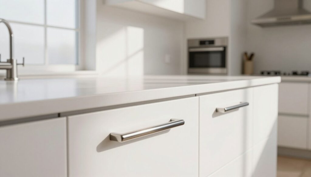 A modern kitchen scene featuring sleek, white cabinetry contrasted with elegant handles made of stainless steel, chrome, and satin. In the foreground, focus on close-up shots of the handles, showcasing their polished and smooth finishes that catch the light beautifully. The middle ground highlights a clean, spacious kitchen with white walls and minimalist design elements. Light filters in through a large window, casting soft shadows that create a warm and inviting atmosphere. The background features a subtle, blurred view of contemporary kitchen appliances, providing depth without distraction. The overall mood is sophisticated and stylish, ideal for illustrating the theme of modern kitchen aesthetics. A modern kitchen scene featuring sleek, white cabinetry contrasted with elegant handles made of stainless steel, chrome, and satin. In the foreground, focus on close-up shots of the handles, showcasing their polished and smooth finishes that catch the light beautifully. The middle ground highlights a clean, spacious kitchen with white walls and minimalist design elements. Light filters in through a large window, casting soft shadows that create a warm and inviting atmosphere. The background features a subtle, blurred view of contemporary kitchen appliances, providing depth without distraction. The overall mood is sophisticated and stylish, ideal for illustrating the theme of modern kitchen aesthetics.