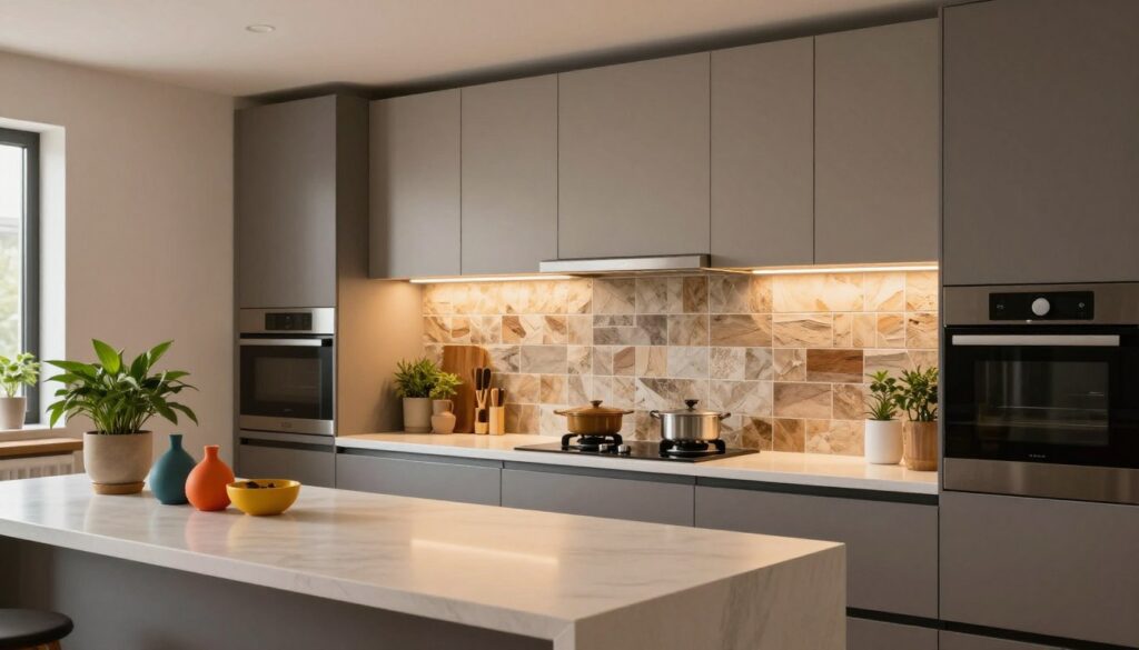 A modern kitchen scene showcasing a stylish space between cabinets, emphasizing alternative materials instead of traditional tiles. In the foreground, a sleek, minimalist countertop with colorful kitchen decor and plants. The middle features a vibrant and easy-to-install wall alternative, such as decorative panels or a backsplash that highlights textures like wood or stone. The background includes contemporary kitchen appliances and well-organized cabinets, with ambient, warm lighting that creates a cozy atmosphere. The scene is viewed from a slightly elevated angle, allowing for depth and clarity, inviting viewers to explore practical design solutions for quick installation. Overall, the mood is inviting and innovative. A modern kitchen scene showcasing a stylish space between cabinets, emphasizing alternative materials instead of traditional tiles. In the foreground, a sleek, minimalist countertop with colorful kitchen decor and plants. The middle features a vibrant and easy-to-install wall alternative, such as decorative panels or a backsplash that highlights textures like wood or stone. The background includes contemporary kitchen appliances and well-organized cabinets, with ambient, warm lighting that creates a cozy atmosphere. The scene is viewed from a slightly elevated angle, allowing for depth and clarity, inviting viewers to explore practical design solutions for quick installation. Overall, the mood is inviting and innovative.