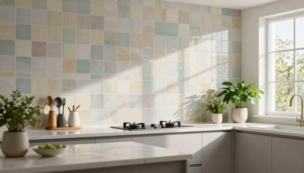 A modern kitchen with elegant wall tiles, showcasing a variety of backsplash designs. In the foreground, focus on a sleek countertop with stylish kitchen utensils, and lush green plants for a fresh touch. The middle ground highlights a wall featuring glossy ceramic tiles in soft pastel colors, seamlessly arranged in a geometric pattern that enhances the space's functionality. In the background, natural sunlight filters through a large window, casting gentle shadows and illuminating the tiles' textures. The atmosphere feels bright and inviting, reflecting practicality and aesthetics. Use a wide-angle perspective to capture the entire kitchen layout, ensuring clarity and sharpness. The overall mood is warm and welcoming, ideal for a family-oriented kitchen.