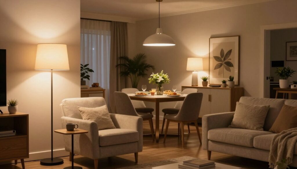 A modern living room divided into distinct zones, showcasing various decorative lamps tailored for different daily activities. In the foreground, a stylish floor lamp casts a warm, inviting light over a cozy reading nook with a plush armchair and a small side table. The middle section features a sleek pendant lamp illuminating a dining area with an elegant table set for dinner. In the background, a soft-glowing table lamp on a console table highlights decorative elements like potted plants and art pieces. The scene is bathed in a soft glow, creating a tranquil, harmonious atmosphere. The lens captures a wide-angle view to emphasize the layered lighting, with a slight warm tint to enhance the mood. A modern living room divided into distinct zones, showcasing various decorative lamps tailored for different daily activities. In the foreground, a stylish floor lamp casts a warm, inviting light over a cozy reading nook with a plush armchair and a small side table. The middle section features a sleek pendant lamp illuminating a dining area with an elegant table set for dinner. In the background, a soft-glowing table lamp on a console table highlights decorative elements like potted plants and art pieces. The scene is bathed in a soft glow, creating a tranquil, harmonious atmosphere. The lens captures a wide-angle view to emphasize the layered lighting, with a slight warm tint to enhance the mood.