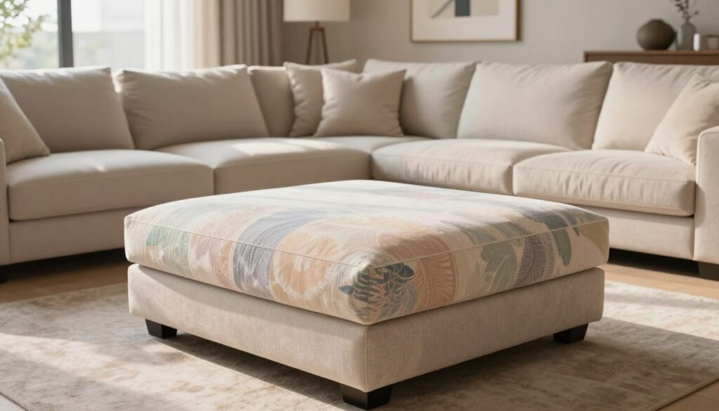A modern living room featuring a stylish "ottoman" as a focal point, placed at the corner of a chic sectional sofa. The foreground shows the ottoman upholstered in soft, lightly patterned fabric, with a mix of pastel colors that evoke a light and airy feel. In the middle ground, the sectional sofa in a complementary hue enhances the space, accented by plush cushions. The background includes a tastefully decorated wall with minimalist artwork and a large window allowing warm, natural light to flood the room, creating a cozy atmosphere. The perspective captures a slightly elevated angle, emphasizing the arrangement and flow of the furniture, making it inviting and functional. The overall mood is fresh and harmonious, ideal for creating a balanced living environment. A modern living room featuring a stylish "ottoman" as a focal point, placed at the corner of a chic sectional sofa. The foreground shows the ottoman upholstered in soft, lightly patterned fabric, with a mix of pastel colors that evoke a light and airy feel. In the middle ground, the sectional sofa in a complementary hue enhances the space, accented by plush cushions. The background includes a tastefully decorated wall with minimalist artwork and a large window allowing warm, natural light to flood the room, creating a cozy atmosphere. The perspective captures a slightly elevated angle, emphasizing the arrangement and flow of the furniture, making it inviting and functional. The overall mood is fresh and harmonious, ideal for creating a balanced living environment.