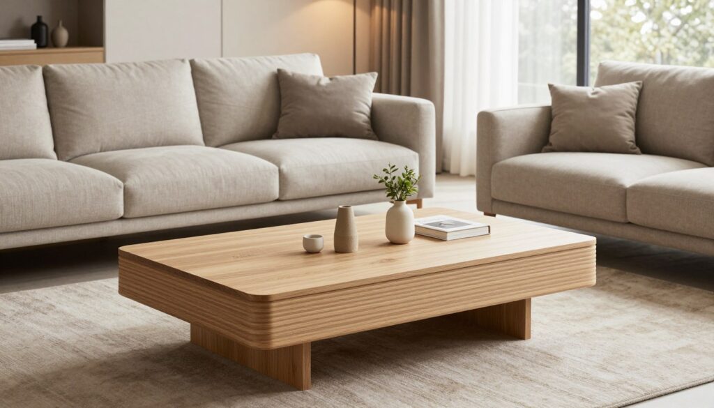 A modern living room featuring a stylish "stolik kawowy lamele" made of light wood with horizontal lamellae design, positioned in front of a contemporary sofa in neutral tones. The foreground showcases the elegant coffee table with a few minimalist decor items, like a small plant and a book. In the middle, a cozy area rug adds warmth while the sofa and table maintain spaciousness to avoid a cluttered feel. The background reveals soft, warm lighting streaming through large windows, creating a serene and inviting atmosphere. The scene is captured from a slightly elevated angle, showcasing the harmony between the table and sofa while emphasizing balance and open space.