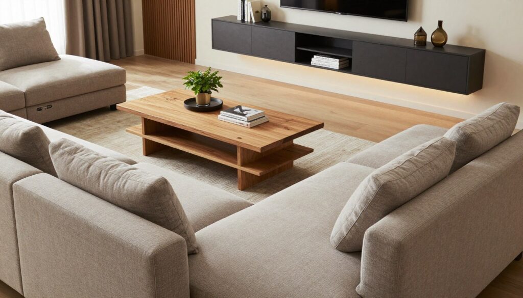 A modern living room showcasing smart organization solutions. In the foreground, a stylish modular sofa with clean lines and neutral tones, complemented by multifunctional ottomans that provide hidden storage. The middle ground features a sleek, minimalist coffee table made of reclaimed wood, adorned with a few decorative books and a small indoor plant for a touch of greenery. The background displays a wall-mounted media unit, showcasing organized books and decorative items, enhancing the uncluttered feel. Soft, warm lighting creates a cozy atmosphere, highlighting the textures of fabrics and wood. The angle is slightly elevated to capture the spaciousness of the room, emphasizing a harmonious balance between style and practicality. A modern living room showcasing smart organization solutions. In the foreground, a stylish modular sofa with clean lines and neutral tones, complemented by multifunctional ottomans that provide hidden storage. The middle ground features a sleek, minimalist coffee table made of reclaimed wood, adorned with a few decorative books and a small indoor plant for a touch of greenery. The background displays a wall-mounted media unit, showcasing organized books and decorative items, enhancing the uncluttered feel. Soft, warm lighting creates a cozy atmosphere, highlighting the textures of fabrics and wood. The angle is slightly elevated to capture the spaciousness of the room, emphasizing a harmonious balance between style and practicality.