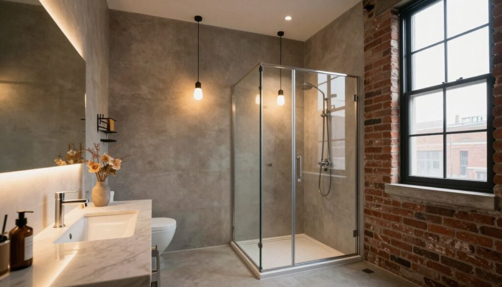 A modern loft bathroom featuring a stylish walk-in shower, highlighted by layered lighting. In the foreground, sleek LED strip lights illuminate the vanity mirror, casting a warm glow. The middle layer showcases soft pendant lights hanging above the shower area, providing a cozy atmosphere. The background includes exposed brick walls and large windows allowing natural light to seep in, accentuating the industrial aesthetic. Use a wide-angle lens to capture the entire space, with a focus on the interplay of shadows and light. The overall mood should be inviting yet contemporary, emphasizing functionality and design in an urban bathroom setting. A modern loft bathroom featuring a stylish walk-in shower, highlighted by layered lighting. In the foreground, sleek LED strip lights illuminate the vanity mirror, casting a warm glow. The middle layer showcases soft pendant lights hanging above the shower area, providing a cozy atmosphere. The background includes exposed brick walls and large windows allowing natural light to seep in, accentuating the industrial aesthetic. Use a wide-angle lens to capture the entire space, with a focus on the interplay of shadows and light. The overall mood should be inviting yet contemporary, emphasizing functionality and design in an urban bathroom setting.