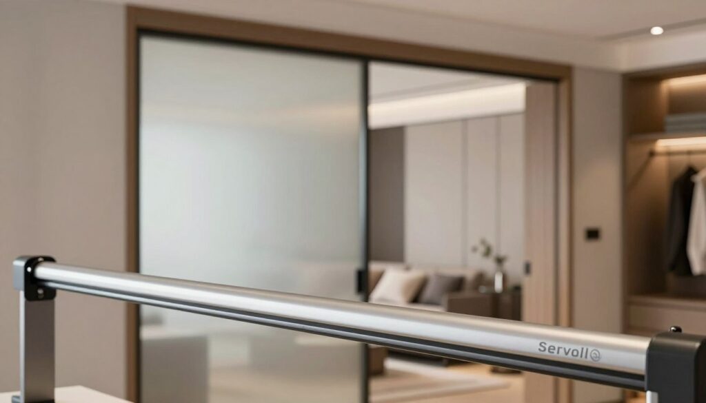A modern, minimalist sliding door system showcased in a well-lit interior space, emphasizing brands like Sevroll, Indeco, and Bimak. In the foreground, focus on a sleek, metallic roller mechanism, glistening under soft, ambient lighting, hinting at high-quality engineering. In the middle, display a stylish, partially open sliding door made from frosted glass, with elegant wooden frames, allowing a glimpse of a tastefully decorated room beyond. The background should include subtle hints of a contemporary closet, decorated with minimalistic decor. Use a shallow depth of field to keep the focus on the door system while softly blurring the background. Capture the atmosphere of sophistication and tranquility, evoking a sense of modern living. Ensure no text or branding is visible on the products. A modern, minimalist sliding door system showcased in a well-lit interior space, emphasizing brands like Sevroll, Indeco, and Bimak. In the foreground, focus on a sleek, metallic roller mechanism, glistening under soft, ambient lighting, hinting at high-quality engineering. In the middle, display a stylish, partially open sliding door made from frosted glass, with elegant wooden frames, allowing a glimpse of a tastefully decorated room beyond. The background should include subtle hints of a contemporary closet, decorated with minimalistic decor. Use a shallow depth of field to keep the focus on the door system while softly blurring the background. Capture the atmosphere of sophistication and tranquility, evoking a sense of modern living. Ensure no text or branding is visible on the products.