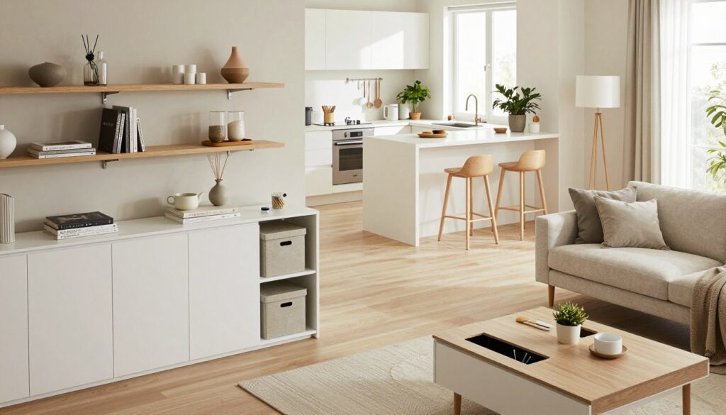 A modern, minimalistic living space of 35 m² showcasing efficient storage solutions without clutter. In the foreground, sleek cabinets and open shelves display decorative items, books, and organized storage boxes in a harmonious color palette of soft whites and natural wood tones. The middle ground features a cozy seating area with a stylish sofa and a smartly designed coffee table with hidden compartments. In the background, a well-planned kitchen area with a compact island and stylish bar stools, surrounded by neatly arranged utensils and plants for a touch of life. The soft, natural light filters in through large windows, creating an inviting atmosphere. Capture this scene from a slightly elevated angle to emphasize the spatial arrangement and functionality of the storage solutions.