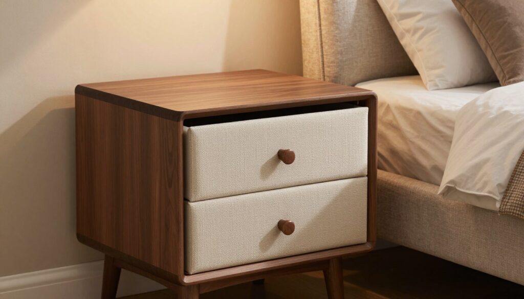 A modern nightstand with beautifully designed drawers, showcasing a blend of wood and fabric. The nightstand is situated next to an upholstered bed, creating a harmonious bedroom setting. In the foreground, the focus is on the intricate details of the nightstand's drawers, displaying a smooth finish and elegant handles. The middle ground features a soft, ambient lighting that highlights the textures of the upholstery and the elegance of the nightstand. In the background, the room reveals calming colors, with a cozy atmosphere enhanced by warm light. Capture this scene from a slightly elevated angle to emphasize functionality, with an emphasis on stylish storage solutions, minimalistic design, and practical elegance. The mood is inviting and serene.
