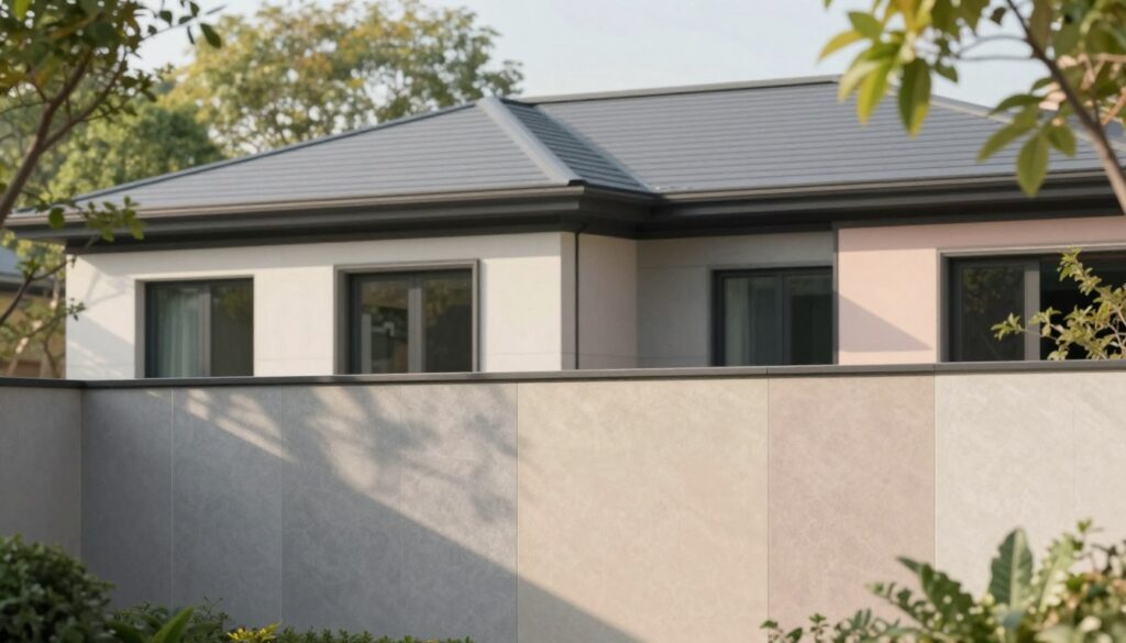 A modern residential building featuring a graphite roof and an array of complementary facade colors that harmonize with the roof. The foreground showcases a close-up of the smooth, textured wall materials in varying shades of gray, soft beige, and muted pastel tones. In the middle ground, depict the building’s distinct architectural lines and shapes, emphasizing large windows that reflect natural light. The background should feature a serene garden with greenery framing the building, enhancing the mood of tranquility and contemporary style. Ensure bright, gentle sunlight filters through the leaves, creating a warm, inviting atmosphere. The lens perspective should be slightly tilted upwards to accentuate the elegance of the structure, capturing its beauty and charm without any distractions like text or watermarks.