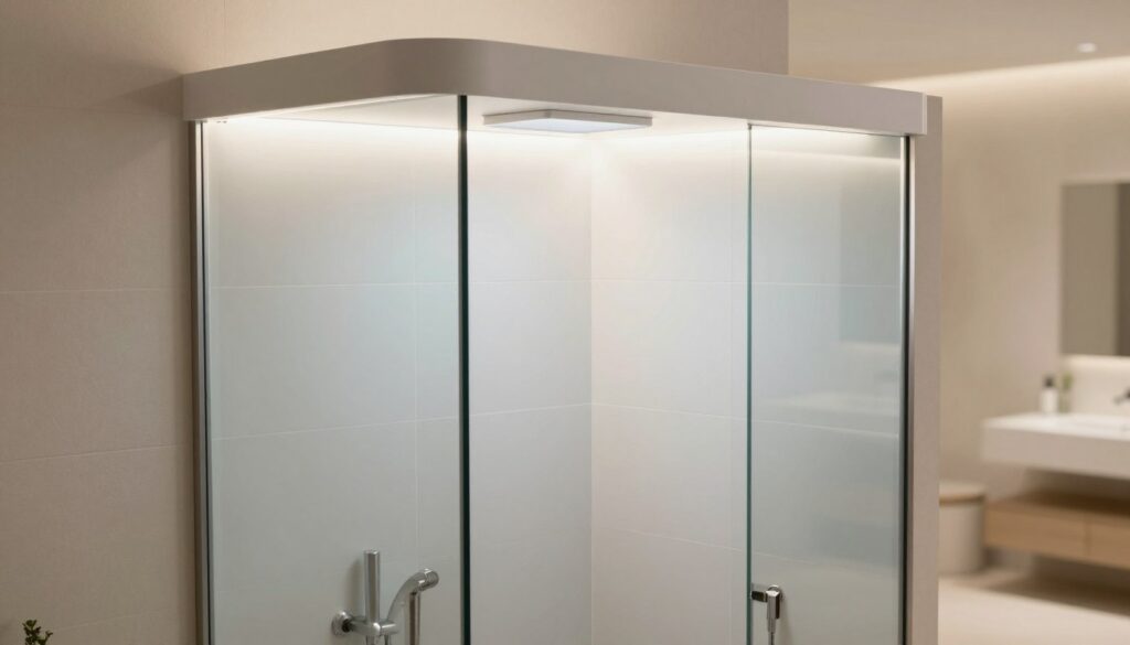 A modern shower pod designed with sleek, minimalist aesthetics, featuring smooth, waterproof wall panels in a variety of colors, such as white, light gray, and soft blue. In the foreground, showcase a clear glass door partially open, revealing the interior, where shower fixtures glisten under soft LED lighting. In the middle, emphasize the seamless walls that mimic elegant ceramic tiles, without grout lines for easy cleaning. The background shows a clean, well-lit bathroom environment with neutral tones, soft textures, and minimalistic decor to evoke a serene atmosphere. The image should have a warm and inviting glow, captured from a slightly elevated angle to highlight the pod's spaciousness and contemporary design.
