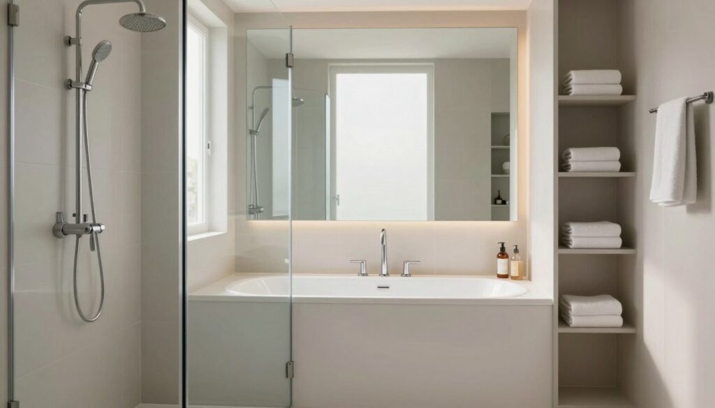 A modern small bathroom featuring a stylish dual shower and bathtub combination. In the foreground, showcase elegant tiles with a sleek showerhead and glass enclosure, reflecting subtle light. The middle ground should include a compact, contemporary bathtub with clean lines, equipped with stylish fixtures and set against a backdrop of a large, well-lit mirror creating an illusion of space. The background can showcase simple, minimalistic storage shelves with neatly arranged towels and bath products, emphasizing organization. Soft, natural lighting streams in from a frosted window, enhancing the peaceful and inviting atmosphere of the room. The entire scene radiates a sense of tranquility and modern design, perfect for an innovative small bathroom setting. A modern small bathroom featuring a stylish dual shower and bathtub combination. In the foreground, showcase elegant tiles with a sleek showerhead and glass enclosure, reflecting subtle light. The middle ground should include a compact, contemporary bathtub with clean lines, equipped with stylish fixtures and set against a backdrop of a large, well-lit mirror creating an illusion of space. The background can showcase simple, minimalistic storage shelves with neatly arranged towels and bath products, emphasizing organization. Soft, natural lighting streams in from a frosted window, enhancing the peaceful and inviting atmosphere of the room. The entire scene radiates a sense of tranquility and modern design, perfect for an innovative small bathroom setting.