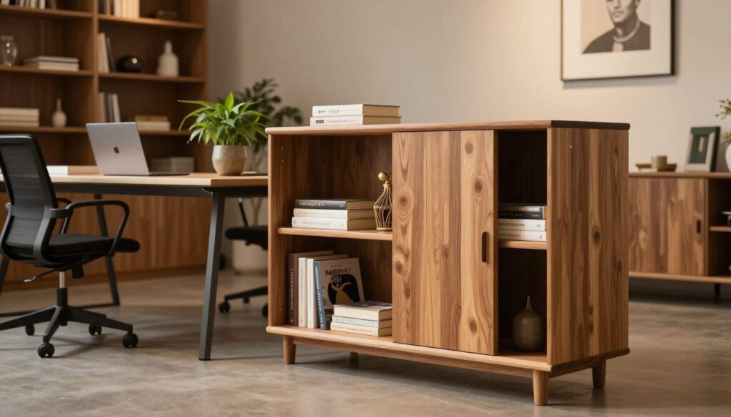 A modern, spacious office space featuring a sleek, stylish "regał rozsuwany" (sliding shelf) in the foreground. The shelf is made of a warm, natural wood finish, elegantly designed with sliding doors that are partially open, revealing neatly organized books and decorative items. In the middle ground, a contemporary desk with a laptop and a potted plant complements the shelf, while an ergonomic chair is positioned nearby. The background shows soft-focus shelves and tasteful wall art, creating a cozy yet professional atmosphere. Warm, ambient lighting highlights the grain of the wood and adds a welcoming glow, while a slight lens vignette draws attention toward the shelf as the focal point. The overall mood is one of functionality and aesthetic harmony, ideal for both home and office environments. A modern, spacious office space featuring a sleek, stylish "regał rozsuwany" (sliding shelf) in the foreground. The shelf is made of a warm, natural wood finish, elegantly designed with sliding doors that are partially open, revealing neatly organized books and decorative items. In the middle ground, a contemporary desk with a laptop and a potted plant complements the shelf, while an ergonomic chair is positioned nearby. The background shows soft-focus shelves and tasteful wall art, creating a cozy yet professional atmosphere. Warm, ambient lighting highlights the grain of the wood and adds a welcoming glow, while a slight lens vignette draws attention toward the shelf as the focal point. The overall mood is one of functionality and aesthetic harmony, ideal for both home and office environments.