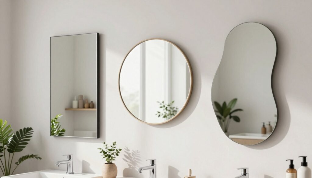 A modern, stylish bathroom featuring three distinct mirrors: a rectangular mirror with sleek lines, a round mirror with a smooth frame, and an organic-shaped mirror gracefully integrated into the space. The bathroom has bright, natural lighting that enhances the feeling of spaciousness. In the foreground, elegant plants add a touch of greenery, while in the middle, the mirrors reflect a harmonious blend of light and shadow, creating a bright atmosphere. The background showcases minimalist decor with subtle textures, and soft colors that keep the space feeling open and airy. Capture this scene from a slightly elevated angle to highlight the mirrors and their unique shapes, conveying both functionality and aesthetic appeal.