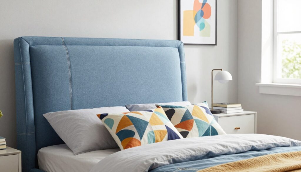 A modern upholstered bed designed for a teenager, showcasing a sleek and stylish profile. The bed features a soft, textured fabric in a muted blue tone, complemented by sophisticated stitching details. In the foreground, a neatly made bed with colorful, geometric-patterned pillows adds a playful yet contemporary feel. The middle ground includes a stylish bedside table with minimalistic decor, including a modern lamp and a stack of books. The background presents a tastefully decorated youth bedroom with light walls, vibrant artwork, and natural light streaming in through a window, creating an inviting atmosphere. The overall mood is fresh, youthful, and tailored for a modern teenager's space, emphasizing practicality and style. A modern upholstered bed designed for a teenager, showcasing a sleek and stylish profile. The bed features a soft, textured fabric in a muted blue tone, complemented by sophisticated stitching details. In the foreground, a neatly made bed with colorful, geometric-patterned pillows adds a playful yet contemporary feel. The middle ground includes a stylish bedside table with minimalistic decor, including a modern lamp and a stack of books. The background presents a tastefully decorated youth bedroom with light walls, vibrant artwork, and natural light streaming in through a window, creating an inviting atmosphere. The overall mood is fresh, youthful, and tailored for a modern teenager's space, emphasizing practicality and style.