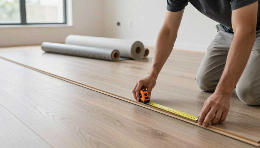 A modern, well-lit interior showcasing a close-up view of vinyl floor panels being installed over a sound-absorbing underlayment. In the foreground, a professional installer, dressed in a modest casual outfit, examines the quality of the underlayment material with a measuring tape, ensuring it meets the necessary specifications for preventing noise issues. The middle ground features neatly arranged rolls of different underlayment types, highlighting textures and colors, providing a comparison of options. The background captures a stylish, minimalistic room with natural light streaming through large windows, emphasizing the importance of a well-prepared surface for optimal flooring installation. The overall mood is focused and professional, illustrating the critical parameters to consider for vinyl panel underlayment. A modern, well-lit interior showcasing a close-up view of vinyl floor panels being installed over a sound-absorbing underlayment. In the foreground, a professional installer, dressed in a modest casual outfit, examines the quality of the underlayment material with a measuring tape, ensuring it meets the necessary specifications for preventing noise issues. The middle ground features neatly arranged rolls of different underlayment types, highlighting textures and colors, providing a comparison of options. The background captures a stylish, minimalistic room with natural light streaming through large windows, emphasizing the importance of a well-prepared surface for optimal flooring installation. The overall mood is focused and professional, illustrating the critical parameters to consider for vinyl panel underlayment.