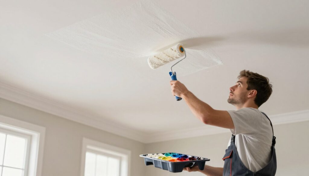 A modern, well-lit interior showcasing the "wet-on-wet" painting technique on a ceiling. In the foreground, a diligent painter, dressed in a professional work shirt and trousers, holds a roller covered in fresh white paint, applying it seamlessly to the ceiling. Their focus conveys expertise. In the middle ground, a neatly set-up paint tray with vibrant paint colors reflects the colors used for a flawless finish. The background features an elegant, soft-lit room with light-colored walls, highlighting the smooth texture of the newly painted ceiling. Soft, diffused natural light filters in from a window to create a bright, inviting atmosphere, emphasizing the technique's effectiveness and the painter's skill. The scene embodies professionalism and creativity in home improvement. A modern, well-lit interior showcasing the "wet-on-wet" painting technique on a ceiling. In the foreground, a diligent painter, dressed in a professional work shirt and trousers, holds a roller covered in fresh white paint, applying it seamlessly to the ceiling. Their focus conveys expertise. In the middle ground, a neatly set-up paint tray with vibrant paint colors reflects the colors used for a flawless finish. The background features an elegant, soft-lit room with light-colored walls, highlighting the smooth texture of the newly painted ceiling. Soft, diffused natural light filters in from a window to create a bright, inviting atmosphere, emphasizing the technique's effectiveness and the painter's skill. The scene embodies professionalism and creativity in home improvement.