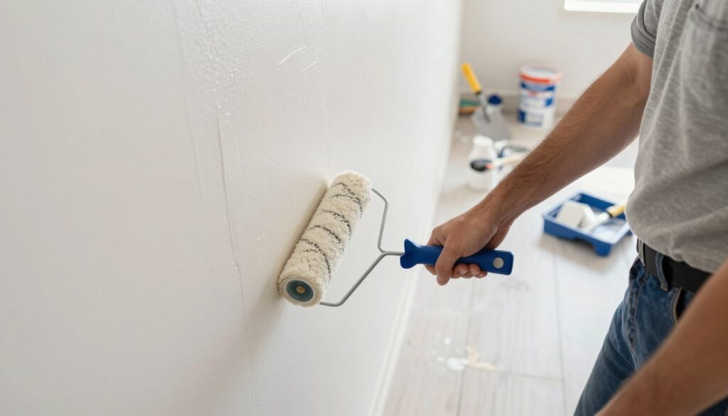A modern, well-lit interior showing a professional tradesperson in modest casual clothing applying a smooth layer of wall putty with a high-quality "wałkiem" (roller). The foreground features the roller gliding effortlessly over the wall, capturing the texture of the putty. In the middle ground, the partially completed wall showcases a smooth, even surface without waves or streaks, emphasizing precision. The background displays an organized workspace with tools like a plastering trowel, paint tray, and other wall preparation materials neatly arranged on a clean, light-colored floor. Bright, natural light illuminates the scene, creating a calm and professional atmosphere. Angle the view slightly from above to showcase both the tradesperson's technique and the smooth wall behind them.