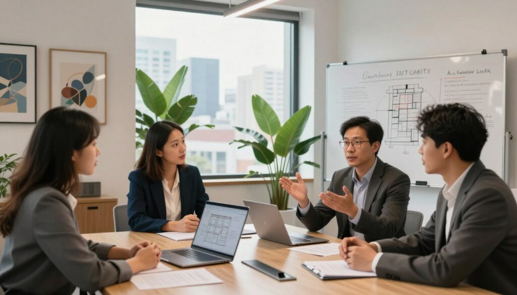 A modern, well-lit office environment showcasing a discussion on communal property rights. In the foreground, a diverse group of three professional individuals—two men and one woman—are engaged in a lively conversation around a sleek conference table filled with documents and a laptop highlighting property layouts. The middle ground features a large window with natural light streaming in, giving a view of a city skyline, symbolizing urban living. Tall plants and modern artwork add depth to the space. The background exhibits a whiteboard with diagrams illustrating property rights, enhancing the educational atmosphere. The overall mood is collaborative and informative, with warm lighting to create an inviting ambiance, focusing on the theme of alternative property ownership. A modern, well-lit office environment showcasing a discussion on communal property rights. In the foreground, a diverse group of three professional individuals—two men and one woman—are engaged in a lively conversation around a sleek conference table filled with documents and a laptop highlighting property layouts. The middle ground features a large window with natural light streaming in, giving a view of a city skyline, symbolizing urban living. Tall plants and modern artwork add depth to the space. The background exhibits a whiteboard with diagrams illustrating property rights, enhancing the educational atmosphere. The overall mood is collaborative and informative, with warm lighting to create an inviting ambiance, focusing on the theme of alternative property ownership.