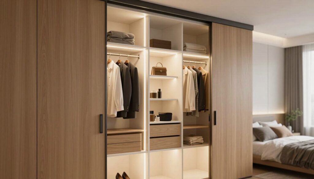 A modern, well-lit sliding wardrobe featuring innovative LED lighting integrated into the shelves and interior panels. Soft, warm white light illuminates neatly organized clothing and accessories, enhancing visibility and creating a welcoming atmosphere. In the foreground, sleek wooden sliding doors slightly ajar reveal the interior; in the middle ground, highlighted LED strips are prominently visible, casting gentle light on the items without harsh shadows. The background showcases a contemporary bedroom setting with minimalistic decor, emphasizing the wardrobe as the focal point. Capture the scene with a soft-focus lens to evoke a cozy, sophisticated mood, highlighting the practicality and elegance of modern storage solutions. A modern, well-lit sliding wardrobe featuring innovative LED lighting integrated into the shelves and interior panels. Soft, warm white light illuminates neatly organized clothing and accessories, enhancing visibility and creating a welcoming atmosphere. In the foreground, sleek wooden sliding doors slightly ajar reveal the interior; in the middle ground, highlighted LED strips are prominently visible, casting gentle light on the items without harsh shadows. The background showcases a contemporary bedroom setting with minimalistic decor, emphasizing the wardrobe as the focal point. Capture the scene with a soft-focus lens to evoke a cozy, sophisticated mood, highlighting the practicality and elegance of modern storage solutions.