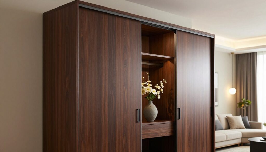 A modern wenge sliding wardrobe displayed in a stylish living room setting, showcasing its sleek design and practicality. In the foreground, focus on the wardrobe's smooth sliding doors, featuring deep, rich wood grain patterns. The middle showcases soft, ambient lighting that highlights the wardrobe's elegant lines, while decorative accessories such as a contemporary vase with fresh flowers and stylish lighting fixtures add brightness. In the background, a cozy, well-furnished room with neutral colored walls and complementary décor creates a harmonious atmosphere. The angle is slightly angled downward to capture the wardrobe's dimensions and placement within the space. The mood is inviting and elegant, emphasizing how the sliding wardrobe enhances the interior design. A modern wenge sliding wardrobe displayed in a stylish living room setting, showcasing its sleek design and practicality. In the foreground, focus on the wardrobe's smooth sliding doors, featuring deep, rich wood grain patterns. The middle showcases soft, ambient lighting that highlights the wardrobe's elegant lines, while decorative accessories such as a contemporary vase with fresh flowers and stylish lighting fixtures add brightness. In the background, a cozy, well-furnished room with neutral colored walls and complementary décor creates a harmonious atmosphere. The angle is slightly angled downward to capture the wardrobe's dimensions and placement within the space. The mood is inviting and elegant, emphasizing how the sliding wardrobe enhances the interior design.
