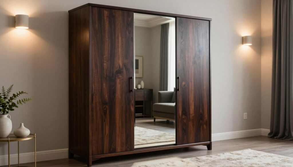A modern wenge wardrobe with an elegant mirrored front, positioned in a stylish interior setting. In the foreground, the wardrobe showcases its rich, dark wood texture, reflecting the light beautifully. The middle ground features soft, ambient lighting spilling into the room from stylish sconces, enhancing the wardrobe's sophistication. Decorative accents such as light-colored accessories and plants help to brighten the space, contrasting with the deep tones of the wenge. In the background, a neatly arranged room includes neutral-toned walls and a plush rug, creating a serene and inviting atmosphere. The composition captures the elegance and potential of wenge while highlighting its visual weight. The scene is devoid of any captions or overlays, focusing solely on the wardrobe and its surroundings. A modern wenge wardrobe with an elegant mirrored front, positioned in a stylish interior setting. In the foreground, the wardrobe showcases its rich, dark wood texture, reflecting the light beautifully. The middle ground features soft, ambient lighting spilling into the room from stylish sconces, enhancing the wardrobe's sophistication. Decorative accents such as light-colored accessories and plants help to brighten the space, contrasting with the deep tones of the wenge. In the background, a neatly arranged room includes neutral-toned walls and a plush rug, creating a serene and inviting atmosphere. The composition captures the elegance and potential of wenge while highlighting its visual weight. The scene is devoid of any captions or overlays, focusing solely on the wardrobe and its surroundings.