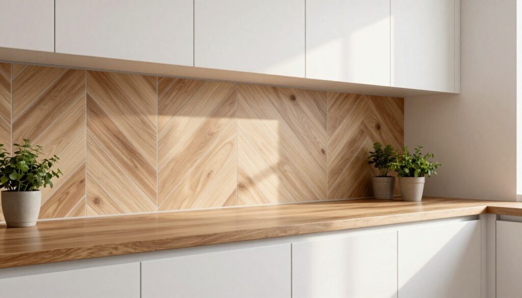 A modern white kitchen featuring wooden-look tiles, showcasing the elegant blend of textures and colors. In the foreground, a polished wooden countertop richly contrasts with the smooth, light-colored cabinetry. In the middle ground, the wooden tiles arranged in a sophisticated herringbone pattern create warmth, while natural light streams in from a window that highlights their grain. The background includes potted herbs on the windowsill, emphasizing a fresh and inviting atmosphere. Soft, diffused lighting enhances the cozy ambiance, while the overall composition captures a harmonious balance between contemporary style and natural elements, ensuring a design that feels cohesive yet understated. A modern white kitchen featuring wooden-look tiles, showcasing the elegant blend of textures and colors. In the foreground, a polished wooden countertop richly contrasts with the smooth, light-colored cabinetry. In the middle ground, the wooden tiles arranged in a sophisticated herringbone pattern create warmth, while natural light streams in from a window that highlights their grain. The background includes potted herbs on the windowsill, emphasizing a fresh and inviting atmosphere. Soft, diffused lighting enhances the cozy ambiance, while the overall composition captures a harmonious balance between contemporary style and natural elements, ensuring a design that feels cohesive yet understated.
