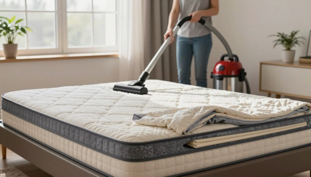 A neatly arranged bedroom scene focused on a plush mattress being prepared for cleaning. In the foreground, a richly textured mattress with plush fabric patterns is displayed, partially uncovered to show layered bedding being meticulously stacked to the side. The middle ground features a vacuum cleaner with its hose extended, demonstrating the process of thorough vacuuming, emphasizing cleanliness and care. Soft, natural lighting filters in through a large window in the background, casting gentle shadows and creating a calm, inviting atmosphere. The room is decorated with subtle touches like potted plants and neutral-colored walls, enhancing the serene mood, while maintaining focus on the mattress and the cleaning process. A neatly arranged bedroom scene focused on a plush mattress being prepared for cleaning. In the foreground, a richly textured mattress with plush fabric patterns is displayed, partially uncovered to show layered bedding being meticulously stacked to the side. The middle ground features a vacuum cleaner with its hose extended, demonstrating the process of thorough vacuuming, emphasizing cleanliness and care. Soft, natural lighting filters in through a large window in the background, casting gentle shadows and creating a calm, inviting atmosphere. The room is decorated with subtle touches like potted plants and neutral-colored walls, enhancing the serene mood, while maintaining focus on the mattress and the cleaning process.