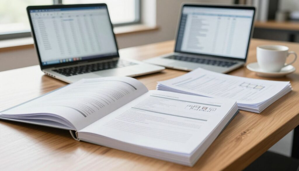 A neatly arranged collection of documents related to energy certification for a building, prominently featuring a well-organized stack of papers and forms on a polished wooden desk. In the foreground, a partially opened folder emphasizes the details, with indicators such as property layout and energy performance assessments visibly displayed. In the middle, a laptop with an open spreadsheet reflects data analysis, alongside a coffee cup to suggest a working atmosphere. The background reveals a soft-focus office space with natural light streaming through a window, creating a professional and inviting ambiance. Use a bright color palette to convey clarity and efficiency, ensuring meticulous details are visible while maintaining a clean and cohesive composition. A neatly arranged collection of documents related to energy certification for a building, prominently featuring a well-organized stack of papers and forms on a polished wooden desk. In the foreground, a partially opened folder emphasizes the details, with indicators such as property layout and energy performance assessments visibly displayed. In the middle, a laptop with an open spreadsheet reflects data analysis, alongside a coffee cup to suggest a working atmosphere. The background reveals a soft-focus office space with natural light streaming through a window, creating a professional and inviting ambiance. Use a bright color palette to convey clarity and efficiency, ensuring meticulous details are visible while maintaining a clean and cohesive composition.