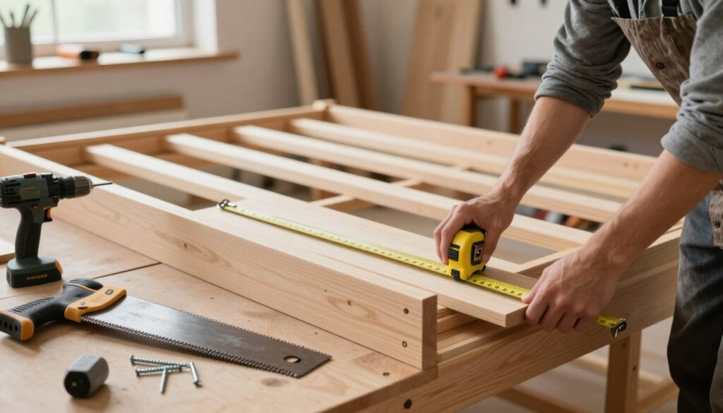 A neatly organized workshop scene focused on the assembly of a bed frame. In the foreground, a person wearing casual work clothes measures wooden planks with a tape measure, surrounded by tools like a saw, drill, and screws. The middle ground features partially assembled bed frame components made of solid wood, showcasing the structural design. In the background, soft, natural light streams through a window, illuminating the space and enhancing the cozy atmosphere. The workshop is filled with wooden textures and tools, emphasizing a hands-on DIY vibe. The composition should capture the focus and craftsmanship involved in building a sturdy bed frame, with an emphasis on the precision and careful assembly process. A neatly organized workshop scene focused on the assembly of a bed frame. In the foreground, a person wearing casual work clothes measures wooden planks with a tape measure, surrounded by tools like a saw, drill, and screws. The middle ground features partially assembled bed frame components made of solid wood, showcasing the structural design. In the background, soft, natural light streams through a window, illuminating the space and enhancing the cozy atmosphere. The workshop is filled with wooden textures and tools, emphasizing a hands-on DIY vibe. The composition should capture the focus and craftsmanship involved in building a sturdy bed frame, with an emphasis on the precision and careful assembly process.