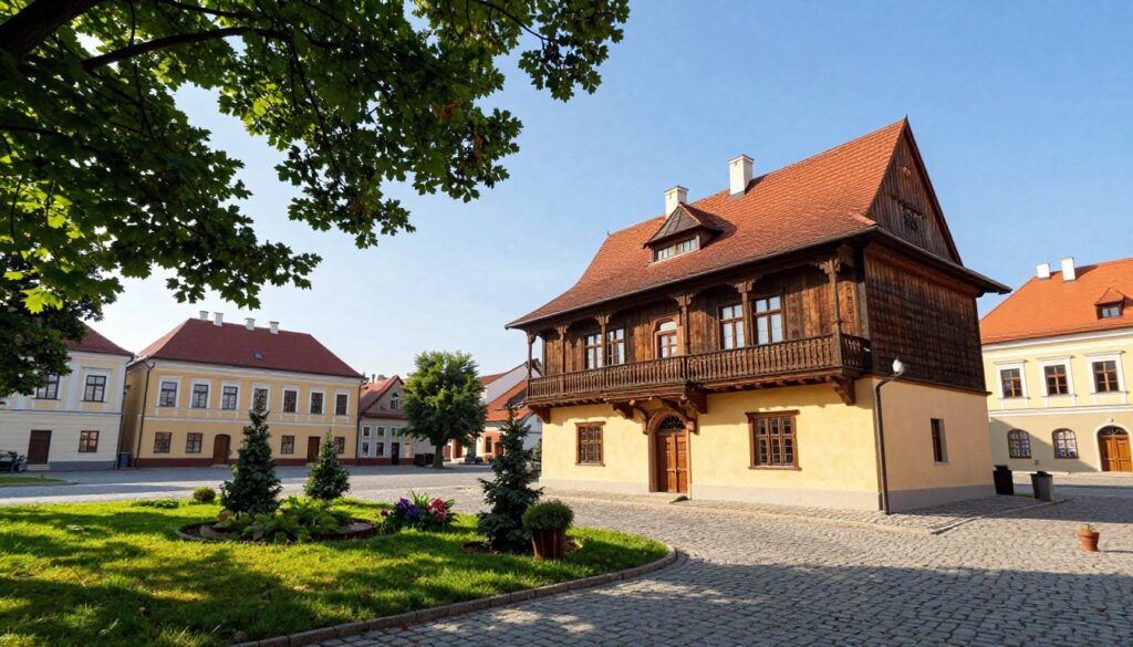 A picturesque scene depicting Plac Świętego Michała in Sanok, Poland, with the historic Old Kredens building prominently positioned in the foreground, showcasing its wooden architecture and rich details. In the middle ground, include lush greenery and cobblestone paths leading to the square, accentuated by soft, warm sunlight filtering through the leaves. The background features charming, pastel-colored buildings typical of Sanok, under a clear blue sky. The atmosphere should evoke a sense of tranquility and historical charm, inviting viewers to explore. Capture this scene using a wide-angle lens to emphasize the scale and beauty, ensuring vibrant colors enhance the inviting mood of the location. A picturesque scene depicting Plac Świętego Michała in Sanok, Poland, with the historic Old Kredens building prominently positioned in the foreground, showcasing its wooden architecture and rich details. In the middle ground, include lush greenery and cobblestone paths leading to the square, accentuated by soft, warm sunlight filtering through the leaves. The background features charming, pastel-colored buildings typical of Sanok, under a clear blue sky. The atmosphere should evoke a sense of tranquility and historical charm, inviting viewers to explore. Capture this scene using a wide-angle lens to emphasize the scale and beauty, ensuring vibrant colors enhance the inviting mood of the location.