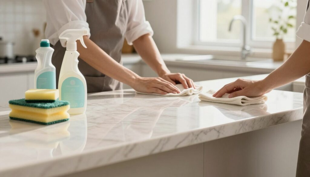 A pristine kitchen countertop in a well-lit modern kitchen, showcasing a shiny, polished stone surface with subtle patterns. The foreground features a neatly arranged cleaning kit with natural cleaning products, sponges, and a soft cloth, emphasizing cleanliness and maintenance. In the middle, a pair of hands in professional attire gently polishing the countertop, showcasing the care and attention to detail necessary for upkeep. The background includes softly blurred cabinets and a window with natural light streaming in, creating a warm and inviting atmosphere. Soft shadows enhance the textures of the stone, portraying an ambiance of freshness and elegance, while maintaining a focus on the countertop's beauty and practicality. A pristine kitchen countertop in a well-lit modern kitchen, showcasing a shiny, polished stone surface with subtle patterns. The foreground features a neatly arranged cleaning kit with natural cleaning products, sponges, and a soft cloth, emphasizing cleanliness and maintenance. In the middle, a pair of hands in professional attire gently polishing the countertop, showcasing the care and attention to detail necessary for upkeep. The background includes softly blurred cabinets and a window with natural light streaming in, creating a warm and inviting atmosphere. Soft shadows enhance the textures of the stone, portraying an ambiance of freshness and elegance, while maintaining a focus on the countertop's beauty and practicality.