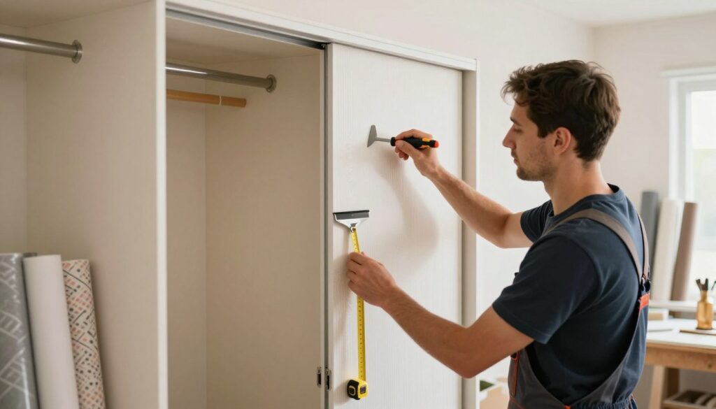 A professional craftsman working diligently on a sliding wardrobe door, applying decorative adhesive film or wallpaper. The scene captures the meticulous process in the foreground, showcasing tools such as a utility knife, a measuring tape, and a squeegee. In the middle ground, the half-finished wardrobe door provides a striking contrast between the old surface and the new decorative layer. The background features a bright, well-lit workshop adorned with rolls of different patterned films and wallpaper, adding visual interest. Soft, warm lighting enhances the atmosphere, creating a sense of creativity and innovation. The craftsman, dressed in professional work attire, focuses on ensuring a perfect application, embodying the DIY spirit of home renovation. A professional craftsman working diligently on a sliding wardrobe door, applying decorative adhesive film or wallpaper. The scene captures the meticulous process in the foreground, showcasing tools such as a utility knife, a measuring tape, and a squeegee. In the middle ground, the half-finished wardrobe door provides a striking contrast between the old surface and the new decorative layer. The background features a bright, well-lit workshop adorned with rolls of different patterned films and wallpaper, adding visual interest. Soft, warm lighting enhances the atmosphere, creating a sense of creativity and innovation. The craftsman, dressed in professional work attire, focuses on ensuring a perfect application, embodying the DIY spirit of home renovation.