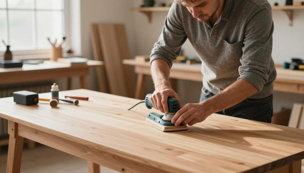 A professional male worker in a modest casual outfit, focused on sanding a piece of wooden furniture, using a power sander for a smooth finish. In the foreground, show his hands skillfully guiding the sander across the surface of a beautifully crafted wooden table. The middle ground features the table and scattered sanding tools, creating a workspace atmosphere. The background captures a well-lit workshop filled with woodworking tools and materials, emphasizing a clean and organized environment. Soft natural light emanates from a nearby window, casting gentle shadows that highlight the texture of the wood. The overall mood is calm and productive, showcasing the meticulous process of achieving a flawless finish without damaging the veneer.