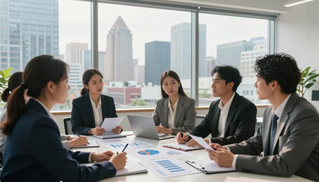 A professional, modern office environment with a focus on a large window overlooking a city skyline, showcasing high-rise buildings symbolizing expensive real estate. In the foreground, a diverse group of professionals dressed in business attire, engaged in a discussion around a table with charts and graphs illustrating mortgage rates and rent prices. The lighting is bright and warm, creating an inviting atmosphere. In the middle ground, a cityscape can be seen, capturing the essence of urban living. The mood is serious yet hopeful, reflecting the theme of financial decisions regarding mortgages versus renting, with an emphasis on the implications of current housing prices. The angle is slightly elevated, providing a comprehensive view of the scene without any text or distractions.