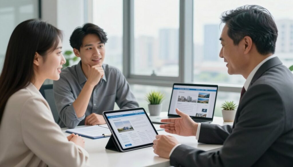 A professional real estate agent assisting a client in a modern office setting. The agent, a middle-aged person in business attire, is engaged in a friendly conversation with a young couple, who look intrigued and hopeful. The foreground features the agent gesturing towards a detailed property listing on a sleek tablet. In the middle, a well-organized desk is adorned with documents, a small potted plant, and a laptop displaying a real estate website. The background shows large windows with natural light streaming in, revealing a city skyline, giving a sense of optimism and possibility. The atmosphere is warm and professional, evoking trust and collaboration, captured with a slight depth of field to focus on the interaction. A professional real estate agent assisting a client in a modern office setting. The agent, a middle-aged person in business attire, is engaged in a friendly conversation with a young couple, who look intrigued and hopeful. The foreground features the agent gesturing towards a detailed property listing on a sleek tablet. In the middle, a well-organized desk is adorned with documents, a small potted plant, and a laptop displaying a real estate website. The background shows large windows with natural light streaming in, revealing a city skyline, giving a sense of optimism and possibility. The atmosphere is warm and professional, evoking trust and collaboration, captured with a slight depth of field to focus on the interaction.