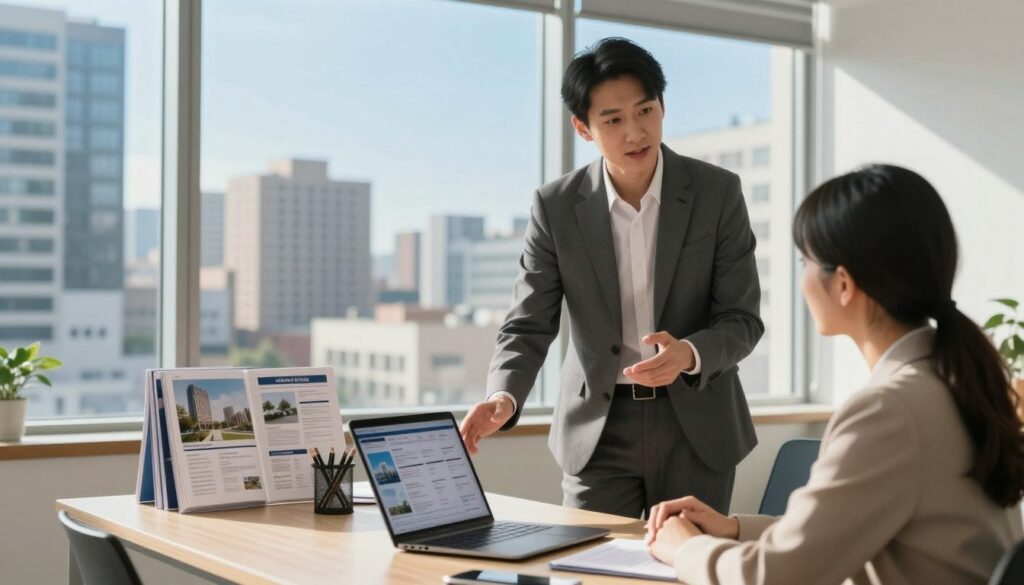 A professional real estate agent stands confidently in a bright, modern office environment, examining property listings on a laptop. In the foreground, the agent, dressed in a tailored suit, is engaged in a conversation with a client, who sits across the desk, looking intrigued and attentive. The middle ground features various real estate brochures and a neatly organized desk. In the background, large windows reveal a bustling cityscape, filled with high-rise buildings under a clear blue sky, inviting a sense of opportunity and growth. The lighting is warm and inviting, casting soft shadows that enhance the professional yet approachable atmosphere of the scene. The overall mood is one of trust, professionalism, and diligence in the world of real estate. A professional real estate agent stands confidently in a bright, modern office environment, examining property listings on a laptop. In the foreground, the agent, dressed in a tailored suit, is engaged in a conversation with a client, who sits across the desk, looking intrigued and attentive. The middle ground features various real estate brochures and a neatly organized desk. In the background, large windows reveal a bustling cityscape, filled with high-rise buildings under a clear blue sky, inviting a sense of opportunity and growth. The lighting is warm and inviting, casting soft shadows that enhance the professional yet approachable atmosphere of the scene. The overall mood is one of trust, professionalism, and diligence in the world of real estate.
