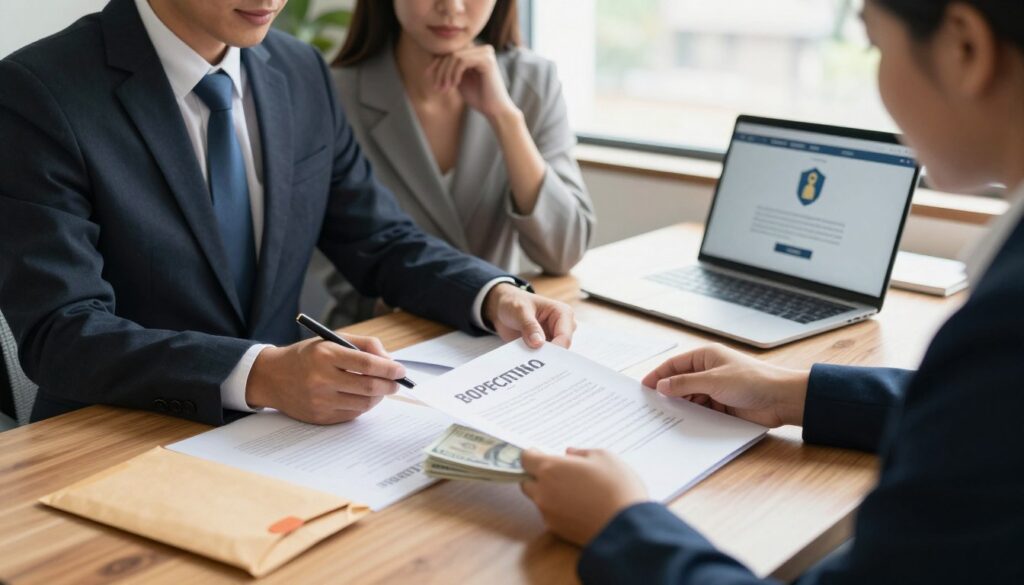 A professional setting showcasing the security of cash transactions in real estate. In the foreground, a confident notary in a smart business suit discusses important documents with a couple, who are reviewing a property contract, looking relieved and assured. In the middle ground, a large wooden table holds neatly organized papers, cash in an envelope, and a laptop displaying security software, indicating a secure transaction. The background features a window with natural light illuminating the room, creating a warm yet serious atmosphere. Use a slightly blurred lens effect for depth. The overall mood conveys trust, professionalism, and safety in financial dealings.