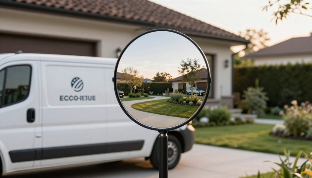 A professionally designed delivery vehicle parked in front of a stylish home, showcasing a circular mirror with a flat edge prominently displayed in the foreground. The mirror’s reflective surface catches the soft morning sunlight, highlighting its premium quality and modern design. In the middle ground, the vehicle bears a clean, elegant branding that emphasizes eco-friendly transportation. The background features a lush garden and a well-maintained path, enhancing the upscale ambience. The lighting is warm and inviting, capturing a serene atmosphere that conveys reliability and sophistication. The composition offers a clear view of the mirror, while also reflecting a sense of safety and eco-conscious delivery, symbolizing quality service in Poland. A professionally designed delivery vehicle parked in front of a stylish home, showcasing a circular mirror with a flat edge prominently displayed in the foreground. The mirror’s reflective surface catches the soft morning sunlight, highlighting its premium quality and modern design. In the middle ground, the vehicle bears a clean, elegant branding that emphasizes eco-friendly transportation. The background features a lush garden and a well-maintained path, enhancing the upscale ambience. The lighting is warm and inviting, capturing a serene atmosphere that conveys reliability and sophistication. The composition offers a clear view of the mirror, while also reflecting a sense of safety and eco-conscious delivery, symbolizing quality service in Poland.