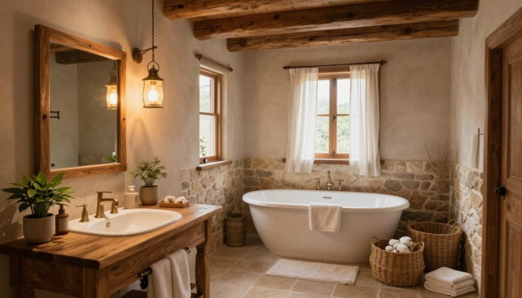 A rustic bathroom illuminated by warm, ambient lighting, featuring elegant wooden fixtures and natural stone elements. In the foreground, a charming wooden vanity with a vintage mirror reflects the soft glow of hanging lanterns, while a small potted plant adds a touch of greenery. In the middle, a freestanding bathtub is surrounded by natural textures, like woven baskets and cotton towels, creating a cozy atmosphere. The background showcases exposed wooden beams and a window framed with sheer curtains, allowing natural light to filter softly into the space. The overall mood conveys a blend of rustic charm and modern comfort while ensuring a safe and inviting environment. The angle is slightly elevated, providing a panoramic view of the harmonious arrangement. A rustic bathroom illuminated by warm, ambient lighting, featuring elegant wooden fixtures and natural stone elements. In the foreground, a charming wooden vanity with a vintage mirror reflects the soft glow of hanging lanterns, while a small potted plant adds a touch of greenery. In the middle, a freestanding bathtub is surrounded by natural textures, like woven baskets and cotton towels, creating a cozy atmosphere. The background showcases exposed wooden beams and a window framed with sheer curtains, allowing natural light to filter softly into the space. The overall mood conveys a blend of rustic charm and modern comfort while ensuring a safe and inviting environment. The angle is slightly elevated, providing a panoramic view of the harmonious arrangement.